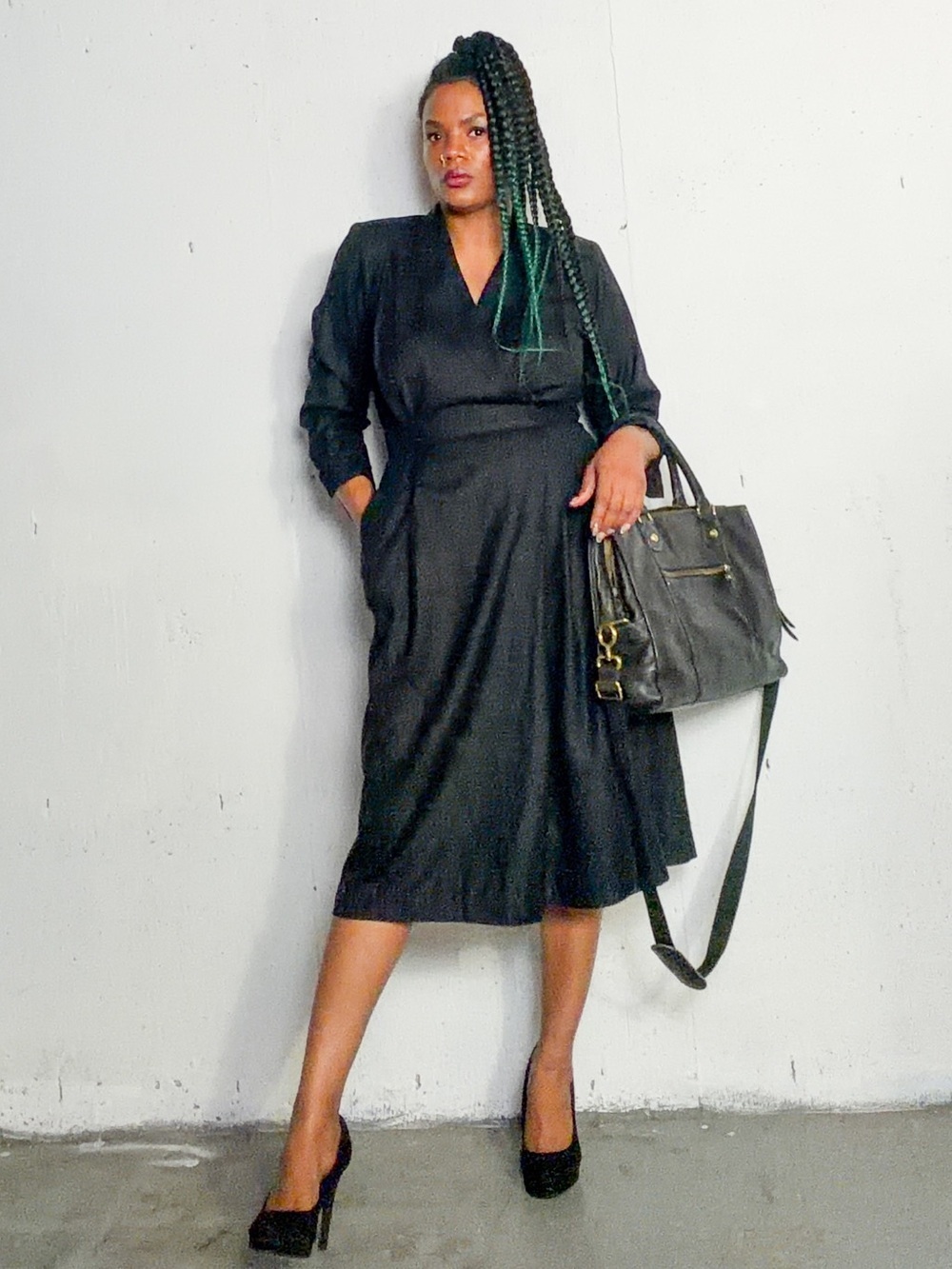 Vintage Silk Black Midi Wrap Dress, 6